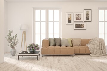 White living room with sofa. Scandinavian interior design. 3D illustration