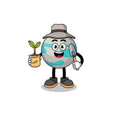 Illustration of planet cartoon holding a plant seed