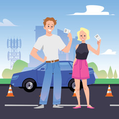 Happy people with cars driving license cards on the background of city and car, flat vector illustration.