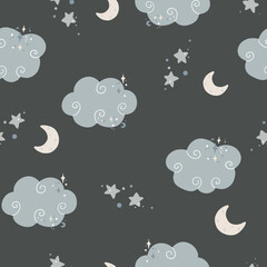 Cute seamless childish simple pattern for kids with cute clouds and stars in Scandinavian style. Baby pattern with clouds. Fabric design. Wallpaper.
