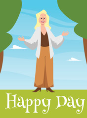 Obraz na płótnie Canvas Happy day banner or flyer mockup with happy woman flat vector illustration.