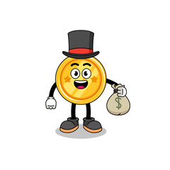 medal mascot illustration rich man holding a money sack