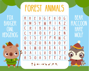Educational game for children. Word search puzzle. Learn forest animals for kids and toddlers