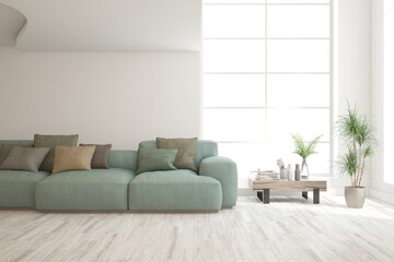 White living room with sofa. Scandinavian interior design. 3D illustration