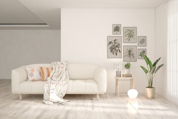 White living room with sofa. Scandinavian interior design. 3D illustration