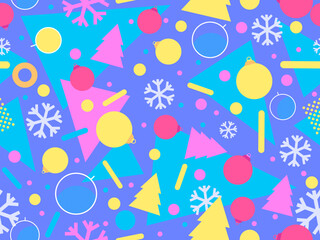 Christmas memphis seamless pattern with snowflakes and christmas decorations and geometric shapes in 80s style. Festive background for greeting cards, wrapping paper and banners. Vector illustration