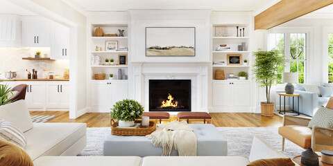 Beautiful living room with fireplace - Powered by Adobe