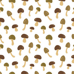 Seamless pattern with edible mushrooms. Colorful vector illustration hand drawn doodle. Print or card. Forest autumn harvest. Packaging or fabric, card or cover