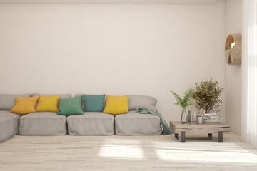 White living room with sofa. Scandinavian interior design. 3D illustration