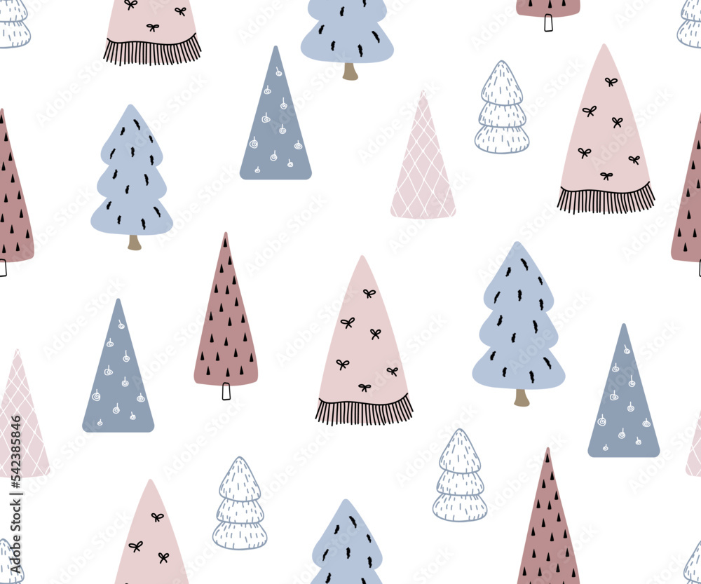 Poster seamless vector pattern with christmas trees in doodle style.