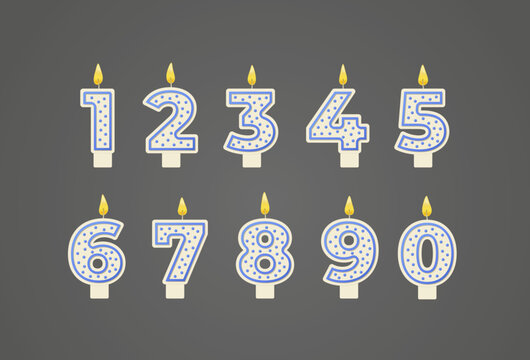 Birthday candles numbers for holiday cake decoration. Outline blue candle numbers burning isolated on grey background. Anniversary celebration party decor elements. Flat simple realistic vector.