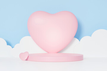 3D rendering cute pastel pink product display stand with heart and cloud decoration. For kid, girl product presentation or cute Valentine's day sale.