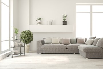 White living room with sofa. Scandinavian interior design. 3D illustration