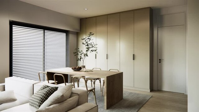 3d rendering modern minimal style mockup room interior design earth tone and natural furniture and wall, fabric sofa grey capet wood dining table and chairs. 4K video studio apartment room scene.