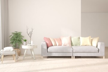Obraz premium White living room with sofa. Scandinavian interior design. 3D illustration