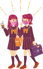 マスクをした下校中の二人の女子高校生（赤）