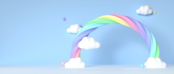 Arch of spiral pastel rainbow and white clouds on wide blue sky background, 3D rendering. Cartoon style, for kid, girly product presentation or baby shower concept.