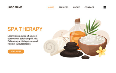 Landing page spa therapy or beauty salon vector template. Towel, black hot stone, bowl full cosmetic sea salt. Massage, relaxation, spa treatments concept. 