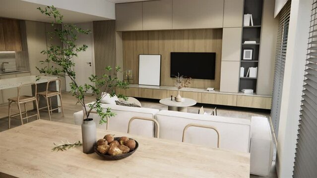 4K video 3d animation interior studio apartment room design and decoration in modern minimal style earth tone color furniture built in counter and cabinets blank tv on wooden wall. 3d rendering.