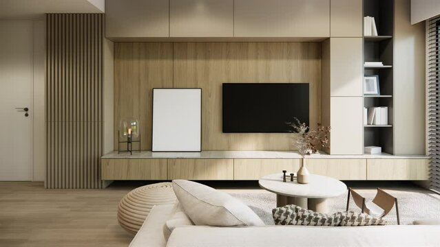 Video 4K interior room design and decoration modern minimal style living and dining area studio apartment. 3d rendering showcase condominium.