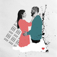 Young couple in love stranding on abstract background with drawings. Bright contemporary art collage or creative design. Art, fashion and music. Ideas, relationship, vintage, retro style