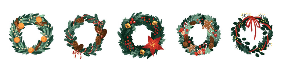 Christmas door wreath designs set. Fir branch circles with Xmas decor, ornaments, ribbon, baubles, flower, food for winter holiday decoration. Flat vector illustrations isolated on white background © Paper Trident