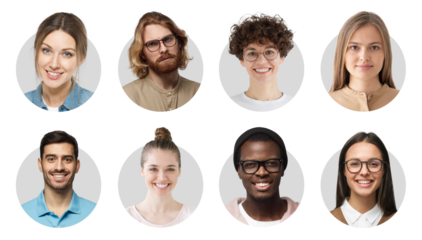 Collage of portraits and faces of group of young diverse people for userpic and profile picture