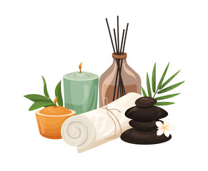 Candles, diffuser, hot stones, towel. Composition cosmetic accessories for relaxation, meditation, spa, aromatherapy. Vector illustration for spa center, hotel, beauty salons on white background
