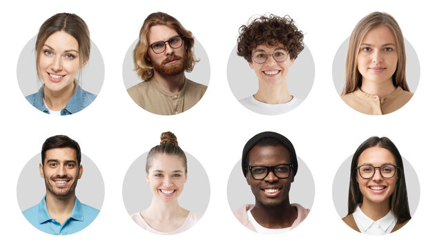 Collage of portraits and faces of group of young diverse people for userpic and profile picture