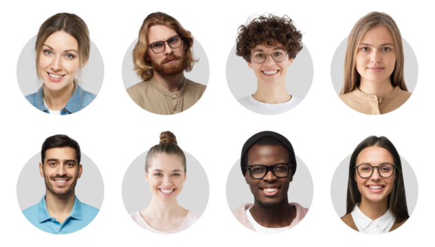Collage of portraits and faces of group of young diverse people for userpic and profile picture