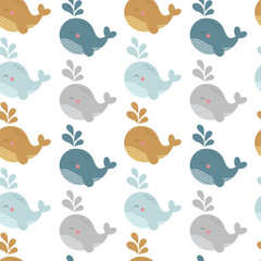 Naklejka premium Seamless vector marine pattern with whales