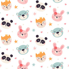 Cute kids vector seamless pattern with funny baby animals, bear, bunny, panda, fox, stars. Cartoon illustration for baby shower, nursery room decor, children design