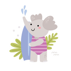 Cute vector card with surfing elephant on the beach with surf board and leaves