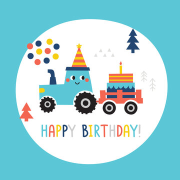 Cute kids vector birthday card with tractor, cake, trailer, trees, balloons on blue background
