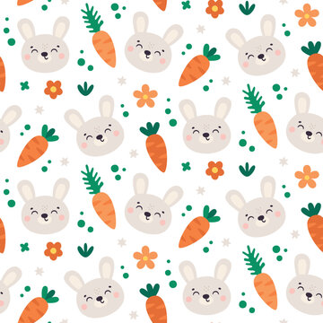 Cute vector Easter seamless pattern with Bunny, carrot, flowers and plants. Happy Easter seamless pattern