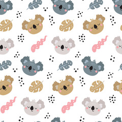 Naklejka premium Seamless cute vector floral tropical pattern with koalas, leaves, plants, branches and flowers