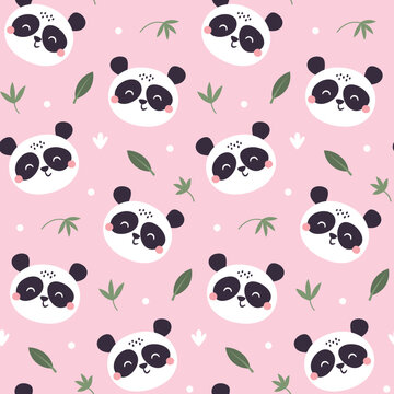 Cute seamless vector pattern with Panda Bears, Bamboo branches, leaves and plants