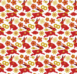 Happy Chinese New Year seamless pattern, year of the black rabbit 2023 endless texture, background.