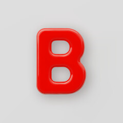 3D Red plastic uppercase letter B with a glossy surface on a gray background.