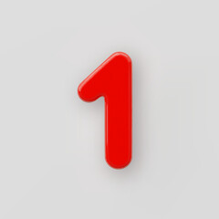 3D Red plastic number 1 with a glossy surface on a gray background.
