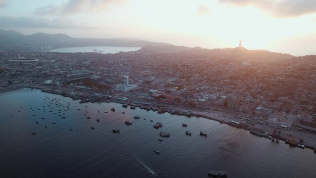 Coquimbo Seaport With Ships Mooring During Sunset, Chile, South America. Aerial Wide Shot