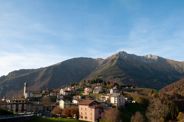 Fototapeta na wymiar Aerial View of Zambla Bassa Mountain Village in Autumn, Italian Alps 