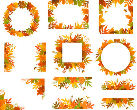 seasonal fall festive  leaves bush twigs branches plants banner backgrounds set, autumn park foliage botanical frames and borders collection, isolated vector illustration