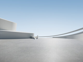 3d render of abstract futuristic architecture with concrete floor.