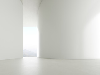 3d render of empty concrete interior design with large window on mountain background.
