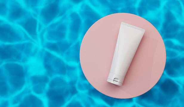 Cosmetic tube product mock up. Beauty skin care product against rippled water background. 3D Rendering