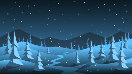 nigth winter snow landscape background with pine trees, mountains, vector illustration