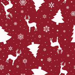 Christmas animal seamless pattern with reindeer silhouette, snowflakes, christmas tree, stars and snow. Prints, packaging template, wrapping paper, textiles and wallpaper.