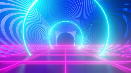 Virtual reality interior background glowing empty arched pass 3d render