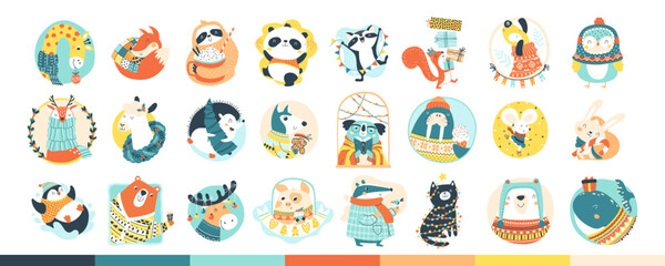 Fototapeta na wymiar Christmas winter animal characters set in simple hand drawn scandinavian style. A cute childish cartoon in a colorful festive palette. Vector illustration.
